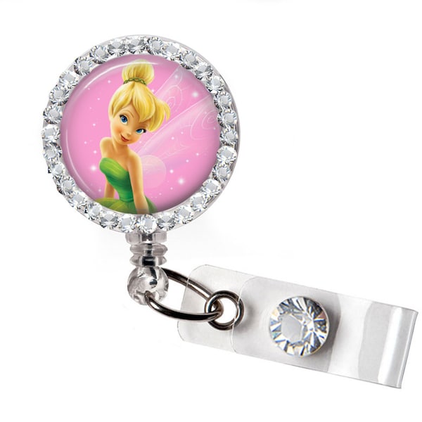 Rhinestone Fairy Pink Bottle Cap Retractable ID Badge Reel, Nurse Badge Reel, 8 Colors To Choose From