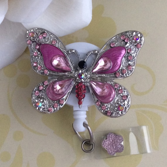 Rhinestone Metal Butterfly Retractable ID Badge Reel, Carabiner Badge Reel,  Nurse Badge Reel, Lanyard, 4 Colors to Choose From 