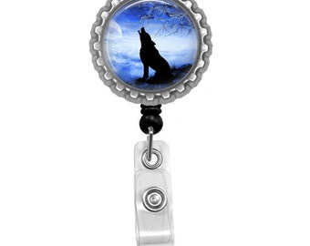 Howling Wolf Photo Glass / Bottle Cap Retractable ID Badge Reel