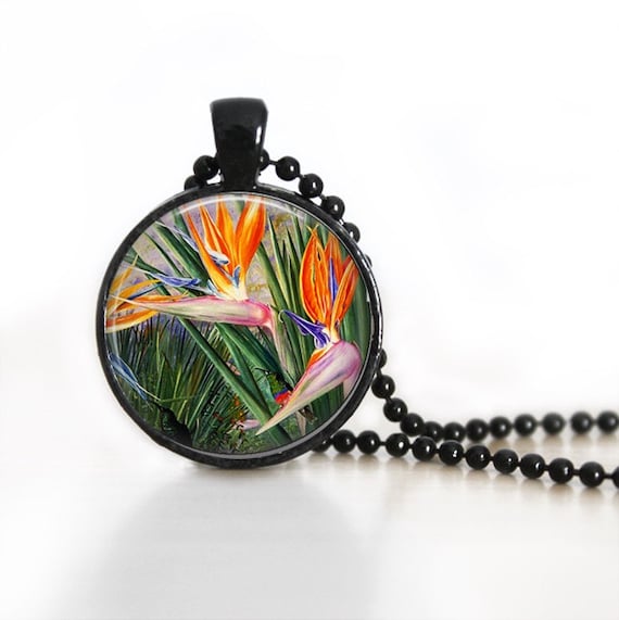 Birds of Paradise Exotic Flowers Glass Pendant/Necklace/Keychain