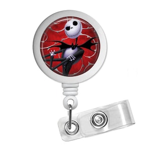 Red Jack Skellington Photo Glass / Bottle Cap Retractable ID Badge Reel, Nurse Badge Reel