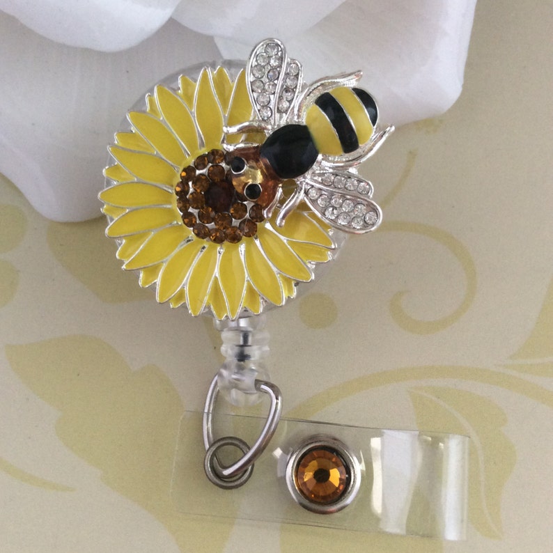 Rhinestones Yellow Sunflower Bee Retractable ID Badge Reel Nurse Badge Reel