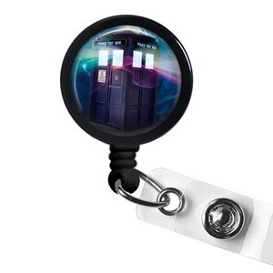 Phone Box Tardis Photo Glass / Bottle Cap Retractable ID Badge Reel, Nurse Badge Reel