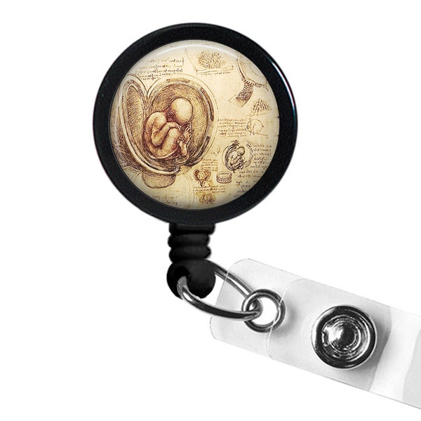 Leonardo Da Vinci Fetus Photo Glass / Bottle Cap Retractable ID Badge Reel, Nurse Badge Reel