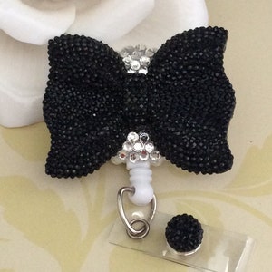 Rhinestone Large Black Bow Retractable ID Badge Reel, Nurse Badge Reel
