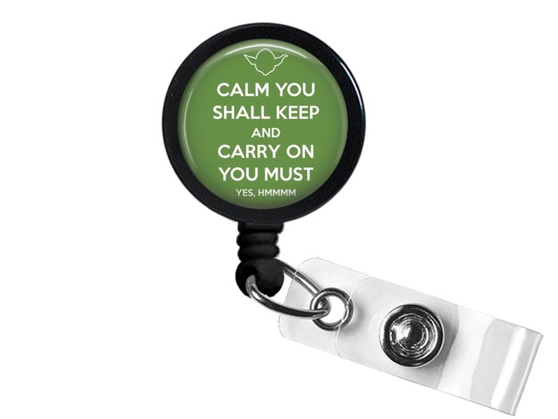 Star Wars Inspired Yoda Keep Calm Photo Glass / Bottle Cap Retractable ID Badge Reel image 1