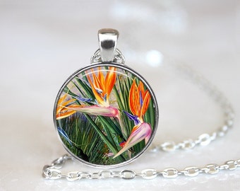 Birds Of Paradise Exotic Flowers Glass Pendant/Necklace/Keychain