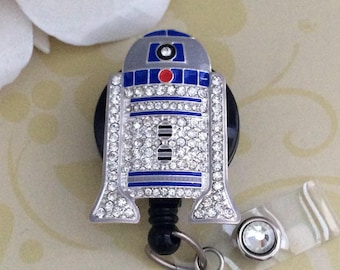 Rhinestone R2D2 Retractable ID Badge Reel, Carabiner Badge Reel, Nurse Badge Reel, Lanyard