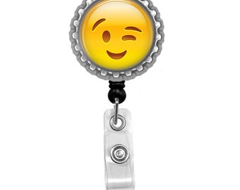 Emoji Wink Photo Glass / Bottle Cap Retractable ID Badge Reel