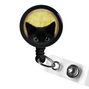 Black Cat Photo Glass/ Bottle Cap Retractable ID Badge Reel