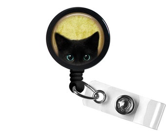 Black Cat Photo Glass/ Bottle Cap Retractable ID Badge Reel