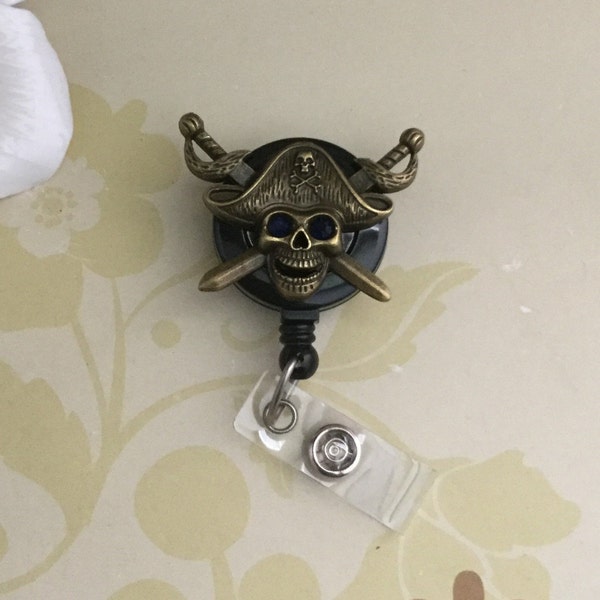 Rhinestone Pirate Retractable ID Badge Reel, Heavy Duty Badge Reel, Nurse Badge Reel