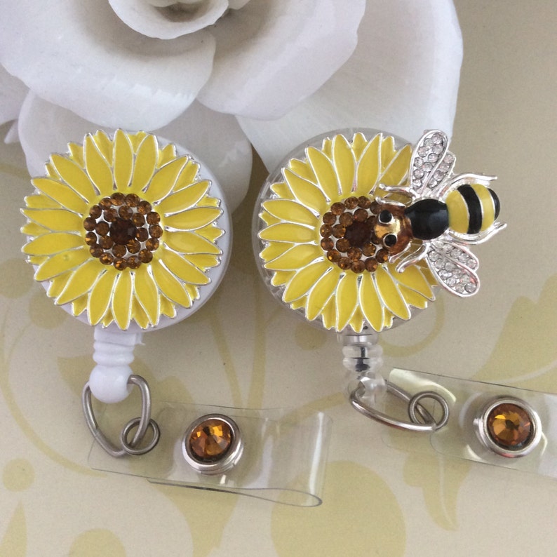 Rhinestones Yellow Sunflower Bee Retractable ID Badge Reel Nurse Badge Reel