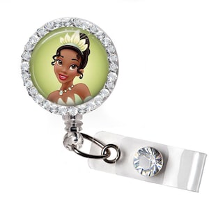 Rhinestone Princess Tiana Bottle Cap Retractable ID Badge Reel, Nurse Badge Reel, 8 Colors To Choose From