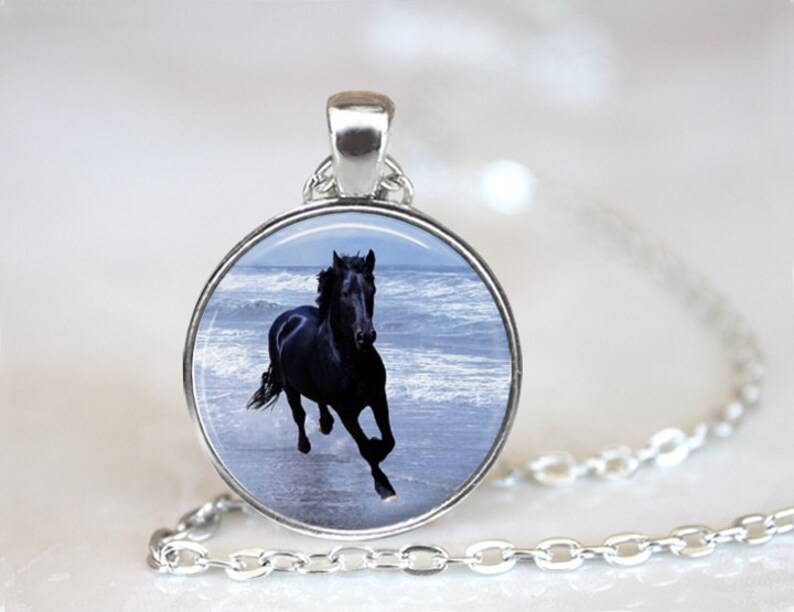 Black Stallion Horse Glass Pendant, Photo Glass Necklace, Glass Keychain, Glass Jewelry image 1