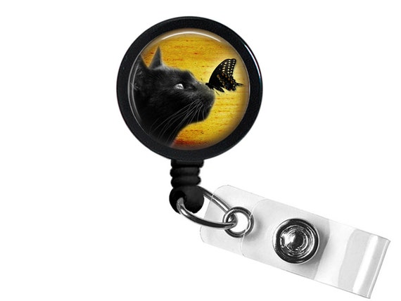 Black Cat and A Butterfly Photo Glass/ Bottle Cap Retractable ID Badge Reel