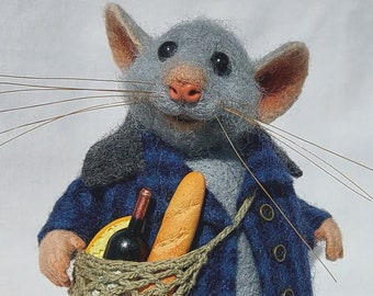 Shopper de rat gris, cadeau de collection pour petit ami, souris feutrée à l'aiguille, animal en feutre, souris en feutre, sac Shopper, souris avec sac, souris en feutre,