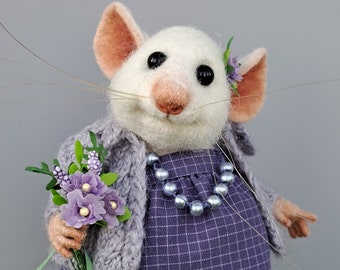 Needle Felted White Mouse with a Bouquet of Flowers Cute Felt Animal Eco Toy