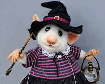 Halloween Witch Mouse with a Magic Wand and a Lantern Needle Felted Animal OOAK