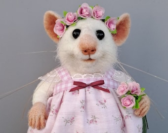 Needle Felted White Mouse with Roses OOAK