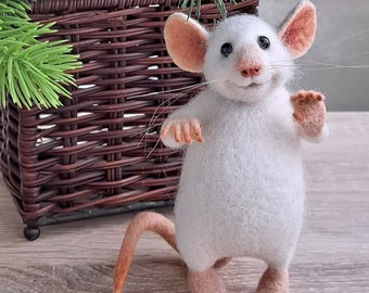 Souris blanche ou grise feutrée à l’aiguille, feutre Animal, OOAK, EcoToy