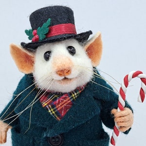 Needle Felt Gentleman Mouse with a Christmas Top Hat and Candy Cane image 1