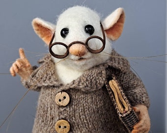 Naald vilten rat met boek en bril onderwijs muis wol collectible cadeau voor vriend OOAK Art Doll vilt dier in gebreide kleding