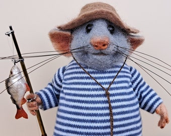 Needle Felted Grey Mouse Fisherman with a Fishing Rod and a Bucket Gift for Dad