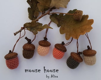 Set of 6 Crochet Wool Acorns Thanksgiving Fall Rustic Decor Woodland Decoration Christmas Ornaments