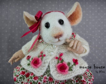 White Needle Felted Mouse Doll in Embroidered Cardigan with a Red Bow Cute Felt Dollhouse Souvenir Interior Art Dressed Doll Felted Animal