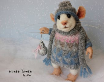 Xmas Gift Winter Home Decor Christmas Bauble Ornament Woolly Mouse Needle Felted Animal MouseHousebyAlina