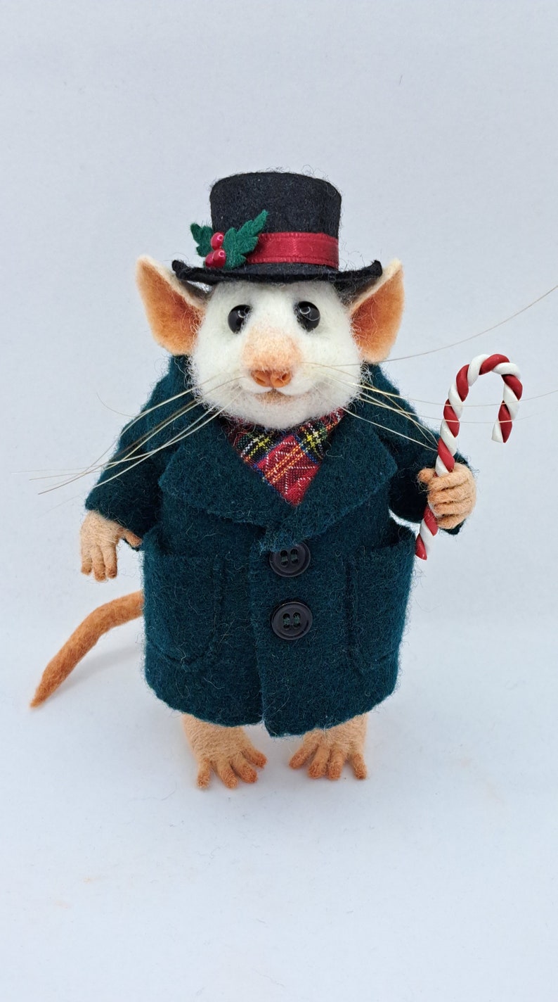 Needle Felt Gentleman Mouse with a Christmas Top Hat and Candy Cane image 3