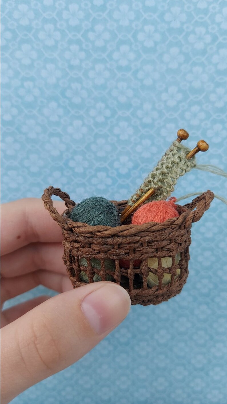 Miniature Wicker Basket With Knitting Needles & Yarn Balls - Etsy