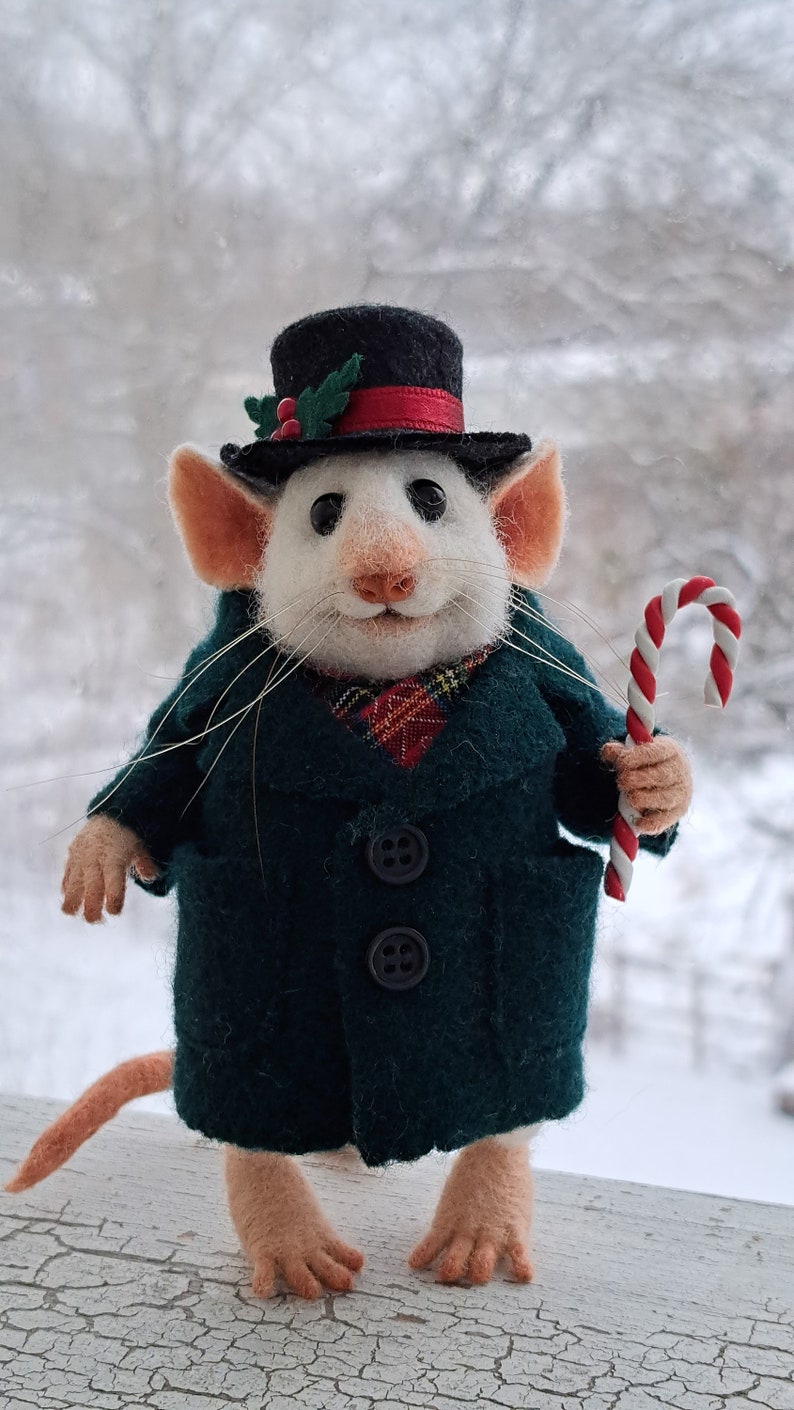 Needle Felt Gentleman Mouse with a Christmas Top Hat and Candy Cane image 5