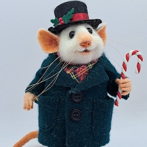 Needle Felt Gentleman Mouse with a Christmas Top Hat and Candy Cane image 4