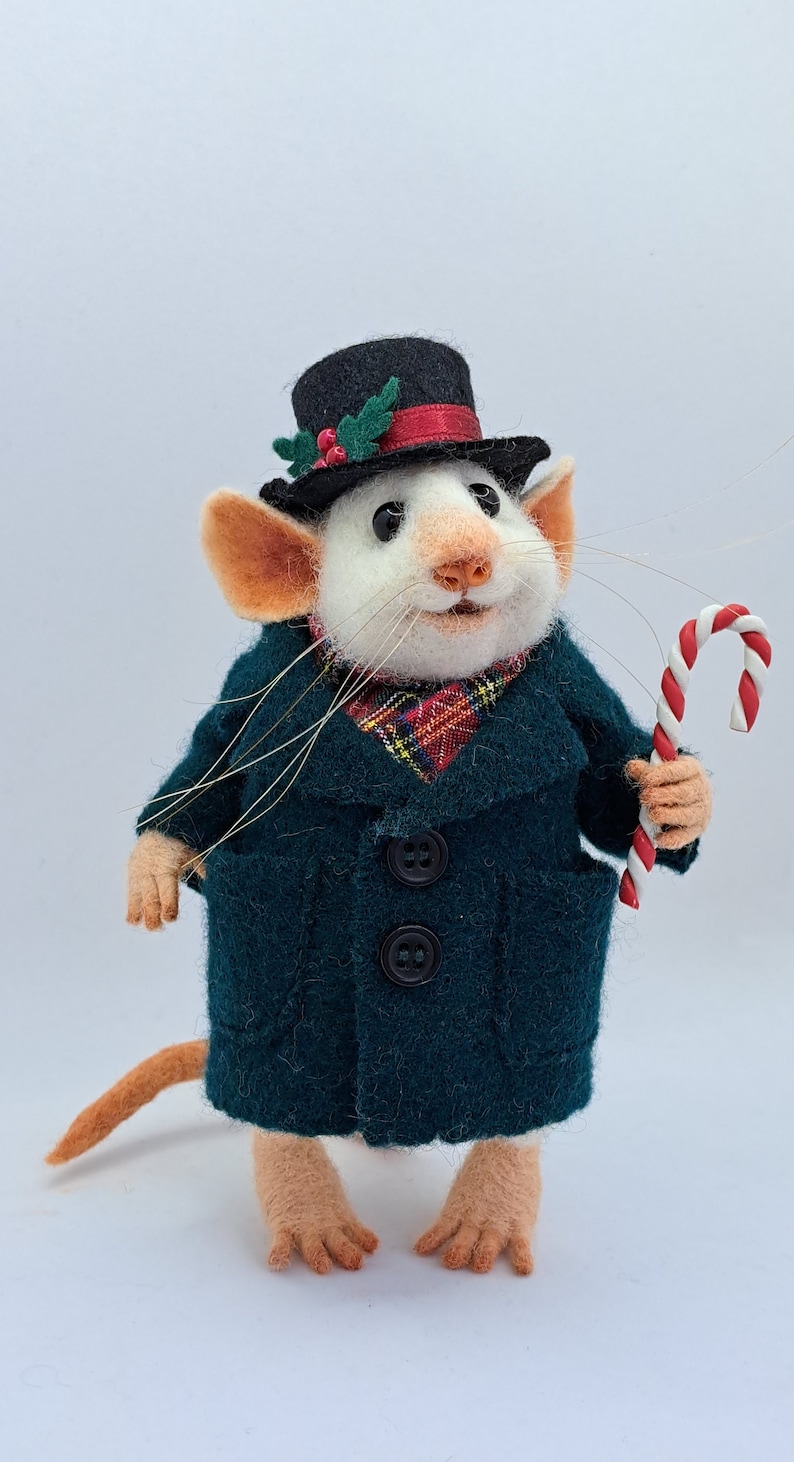 Needle Felt Gentleman Mouse with a Christmas Top Hat and Candy Cane image 4