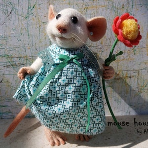 Needle Felted Mouse with a Flower Soft Sculpture  Cute Felt Animal Eco Toy Art Doll