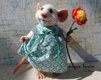 Needle Felted Mouse with a Flower Soft Sculpture  Cute Felt Animal Eco Toy Art Doll