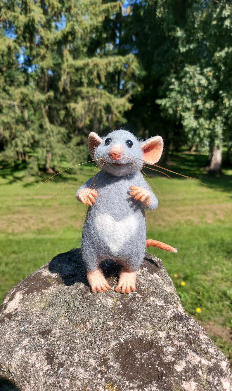 Needle Felted White or Gray Mouse, Felt Animal, OOAK, EcoToy image 3