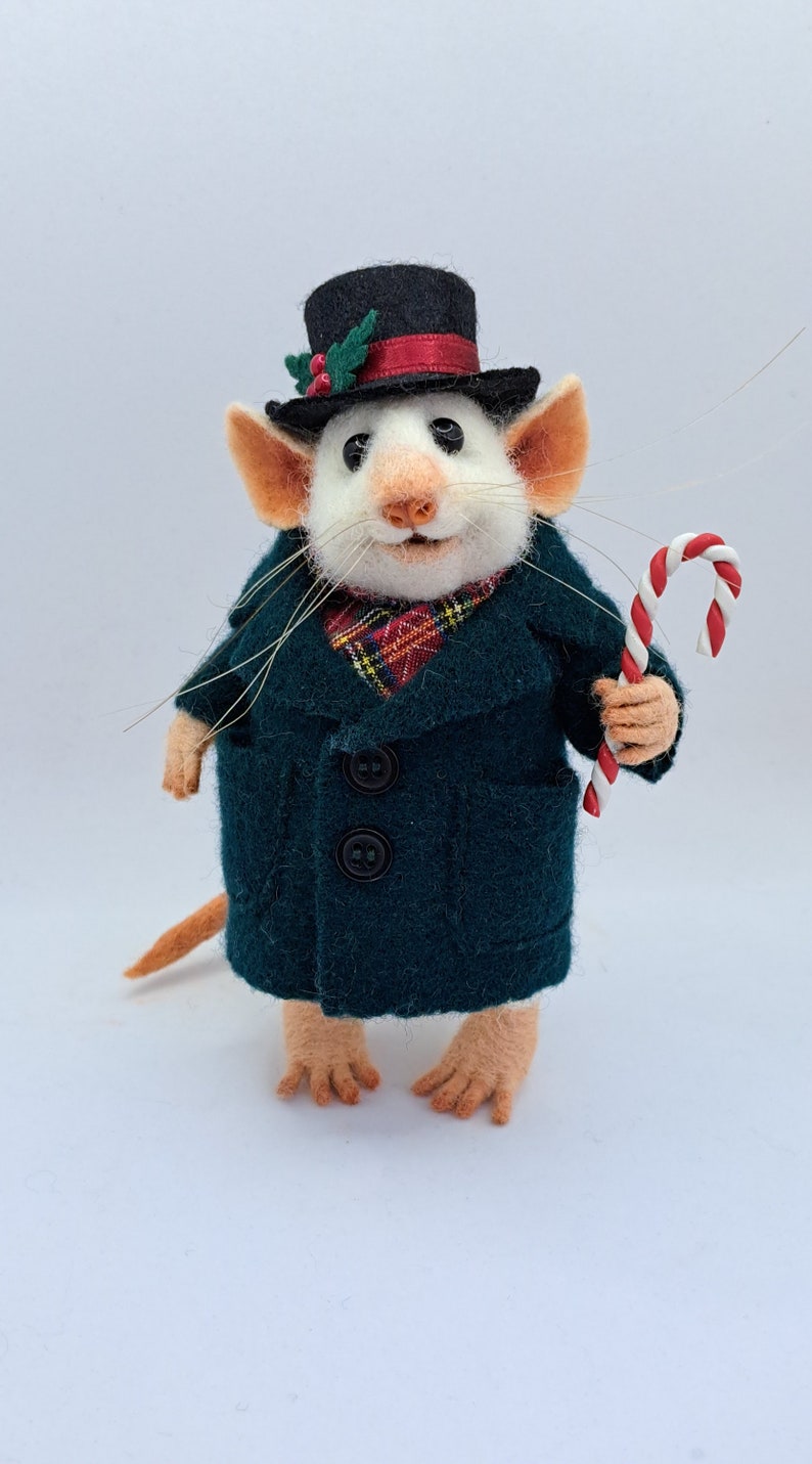 Needle Felt Gentleman Mouse with a Christmas Top Hat and Candy Cane image 2