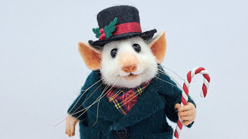 Needle Felt Gentleman Mouse with a Christmas Top Hat and Candy Cane image 1