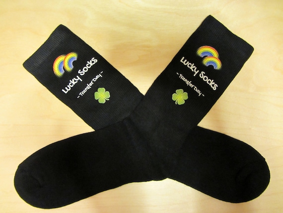 IVF Socks, IVF Gift, Surrogacy, Lucky Transfer Day Socks - Black sock - Rainbow with Lucky 4 Leaf Clover