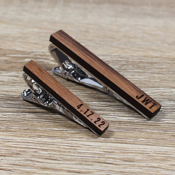 Engraved Tie Clips | Walnut Wood Tie Bar with Personalized Monogrammed Engraving for Groomsman Gift or Wedding Party Gift