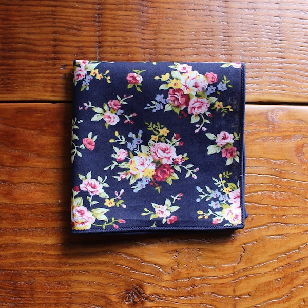 Navy Floral Pocket Square for Men | 10" x 10" Men's Cotton Flower Pattern Handkerchief - Wedding Pocket Square, Matching Pocket Square