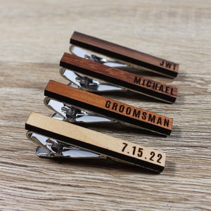 Custom Tie Clips | Wood Tie Bars with Personalized Engraving perfect for Groomsman Gift, Wedding Party Gift, Men&#39;s Gift