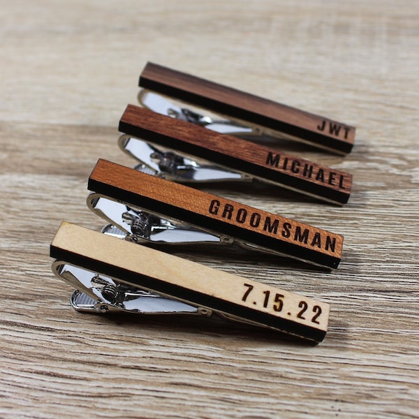 Custom Tie Clips | Wood Tie Bars with Personalized Engraving perfect for Groomsman Gift, Wedding Party Gift, Men's Gift