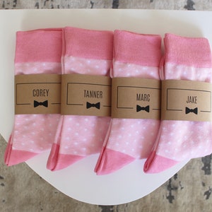 Personalized Groomsmen Socks | Pink Polka Dot Wedding Socks - Men's Size 7-12 | Custom Sock Labels