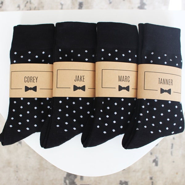 Personalized Groomsmen Socks | Black Polka Dot Wedding Socks - Men's Size 7-12 | Custom Sock Labels