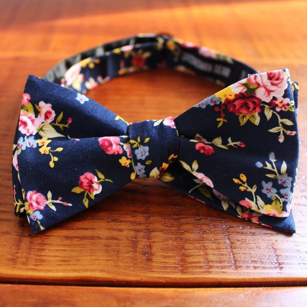 Navy Floral Bow Tie + Gift Box | Men's Cotton Self-Tie Flower Pattern Bowtie - Wedding Bow Tie, Groomsmen Bow Tie, Groom Bow Tie