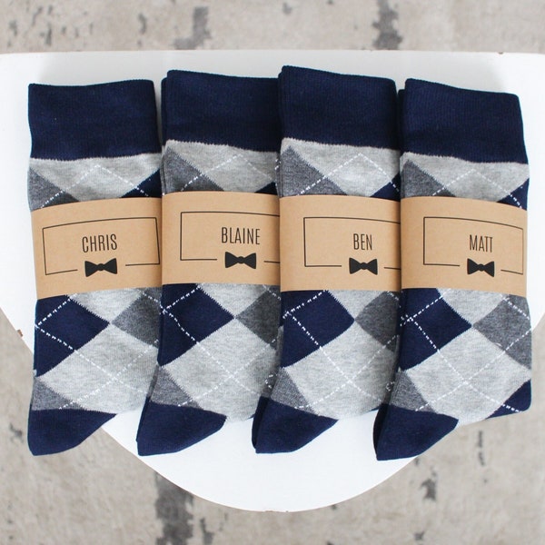 Personalized Groomsmen Socks | Navy & Grey Argyle Wedding Socks - Men's Size 7-12 | Custom Sock Labels